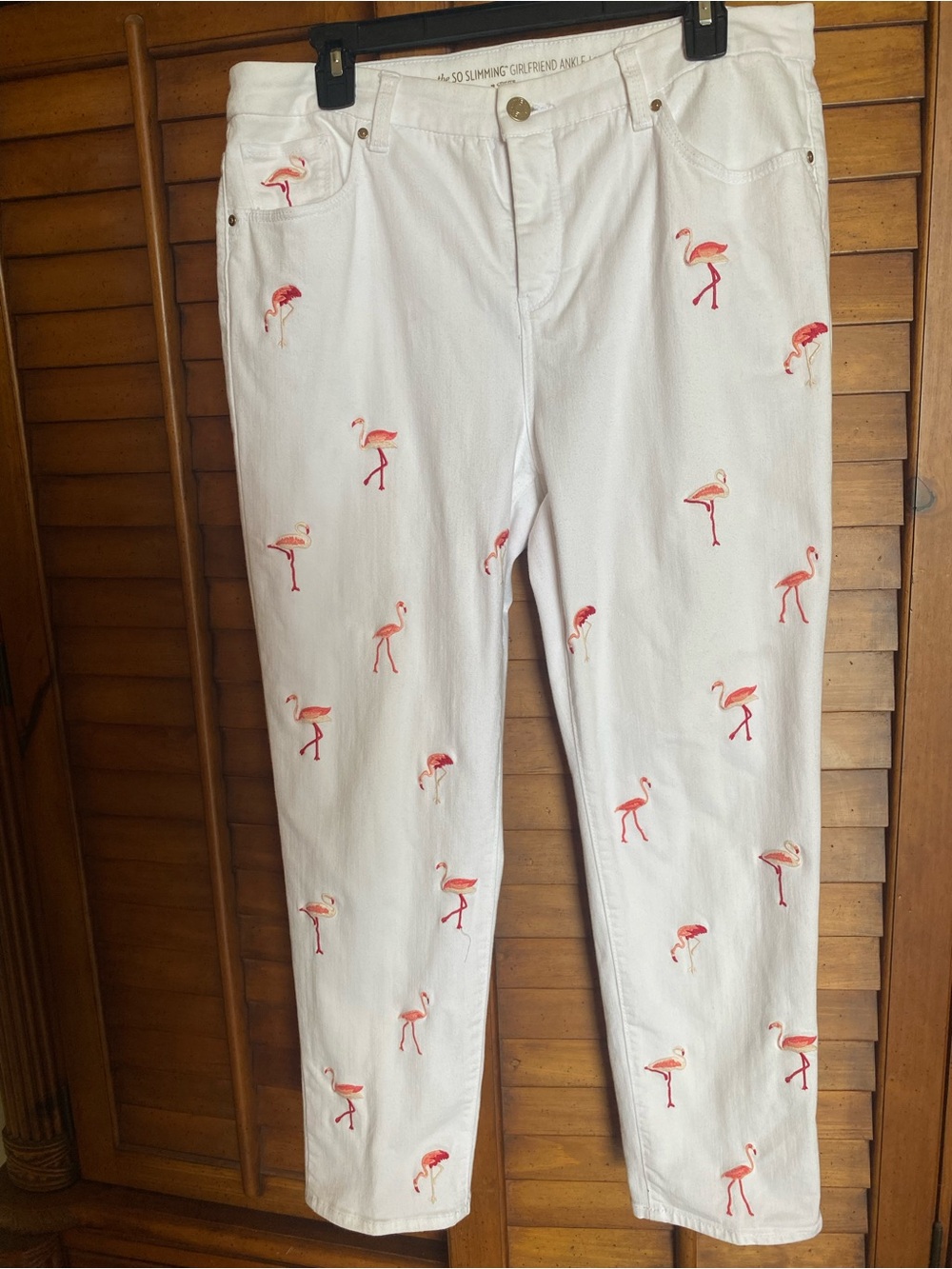Chico's White Jeans with Pink Flamingo Pocket Embroidery